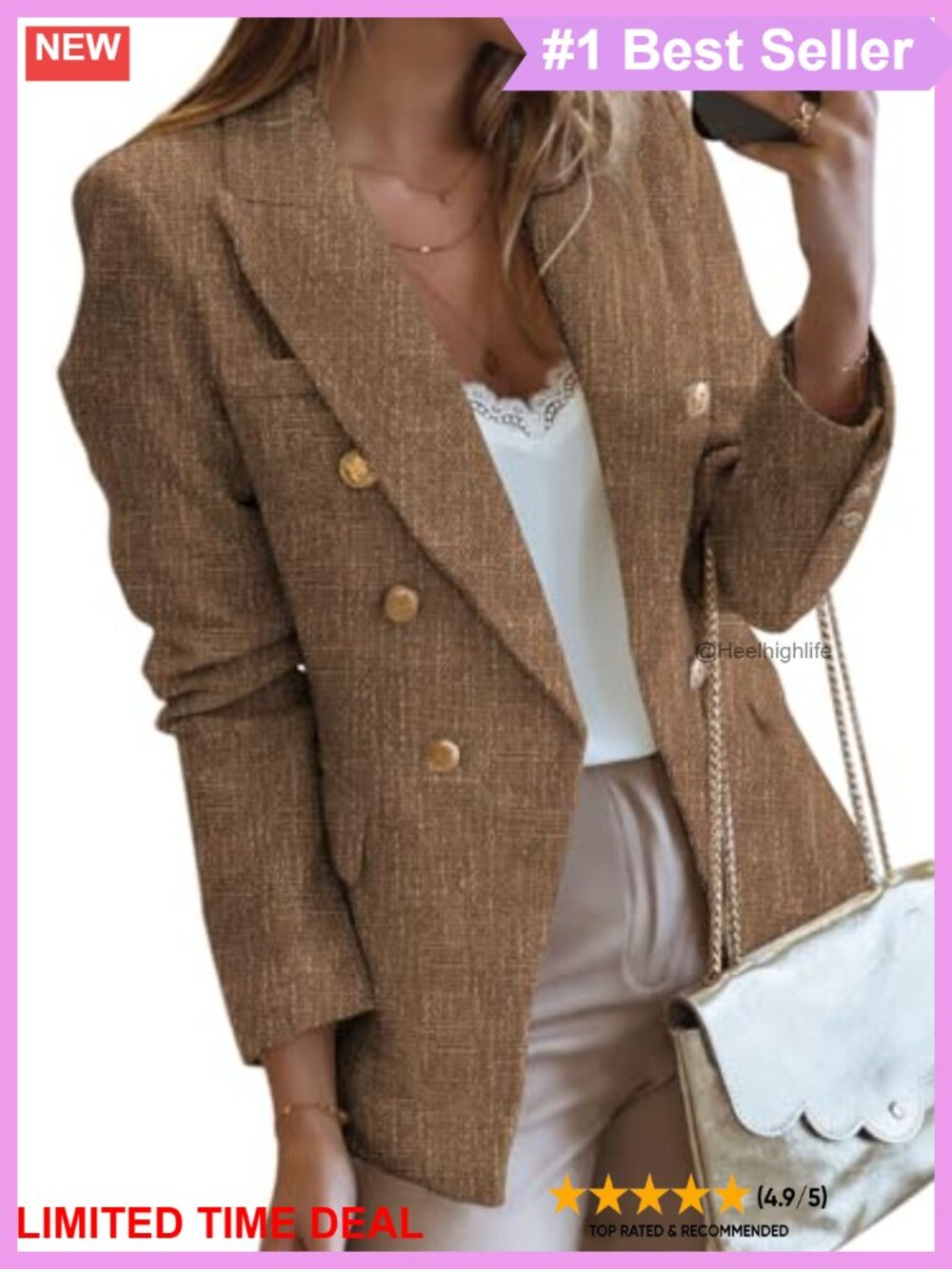 Tweed Blazer Double Breasted Open Front Long Sleeve Work Suit Jacket